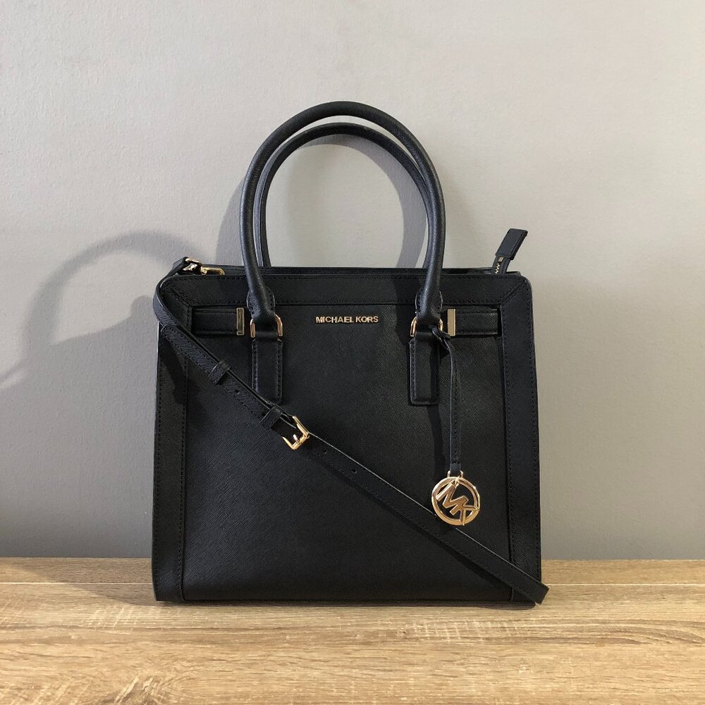 Michael Kors Dillon Black Saffiano Leather Satchel Shoulder Crossbody Handbag